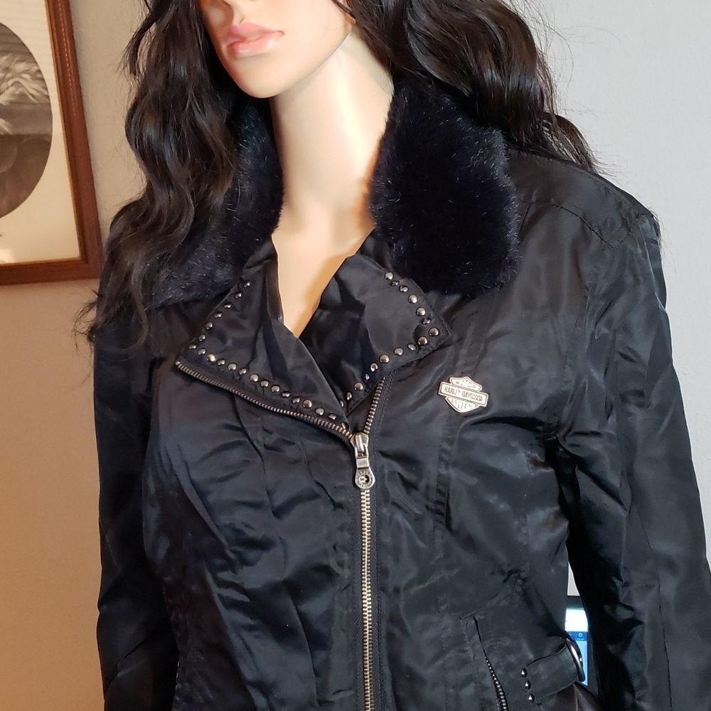 Harley-Davidson Black Winter Coat Nylon Faux Fur Motorcycle Jacket Red Lining‎ M - Picture 2 of 12